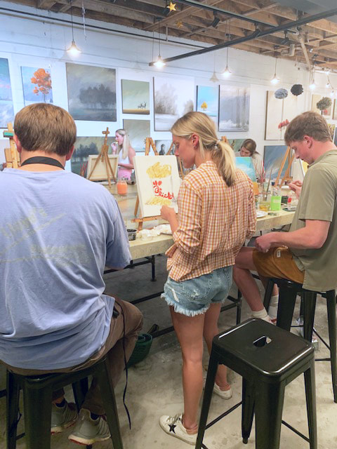 Group of friends painting together at the studio
