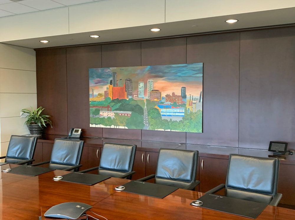 A team holding their finished mural canvas — Thomas Andrew Art mural team-building party